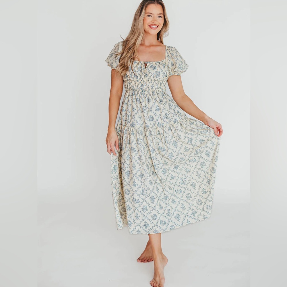 Floral Smocked Midi Dress in Cream and Blue